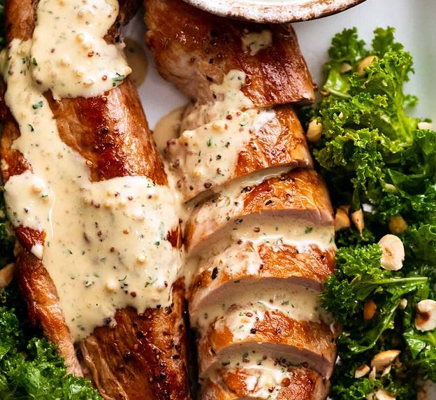 Overhead photo of Pork Tenderloin with Creamy Mustard Sauce